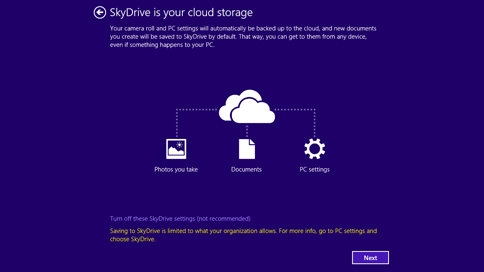 SkyDrive options during setup