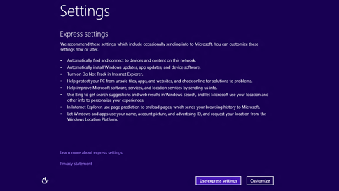 Express settings shown in setup